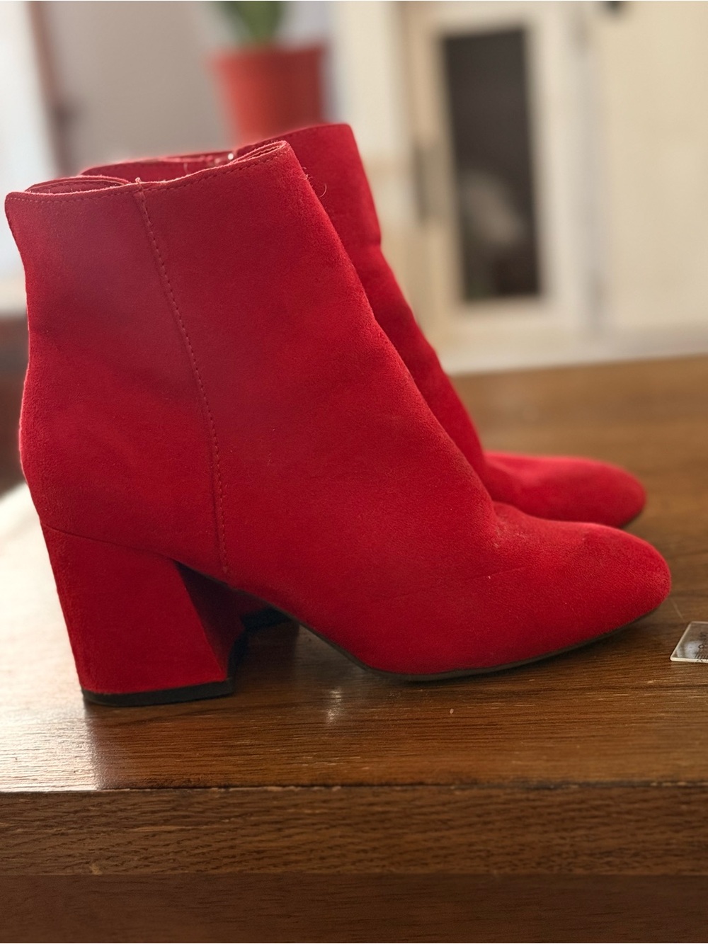 BAMBOO Red Suede Block Heel Ankle Booties - Picture 3 of 3